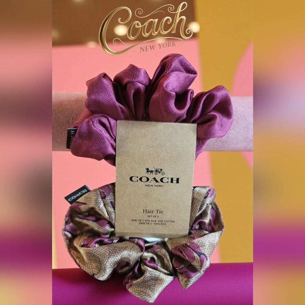 Coach Signature Bow Print Silk Blend Hair Tie Duo NWT